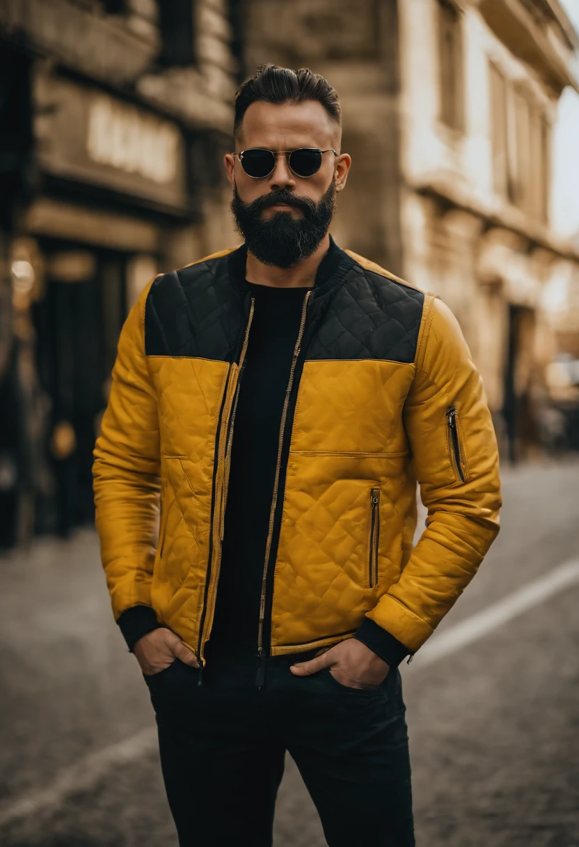 man with beard , yellow lamborghini, Success, sunglasses, official costume, colourful, 真实感