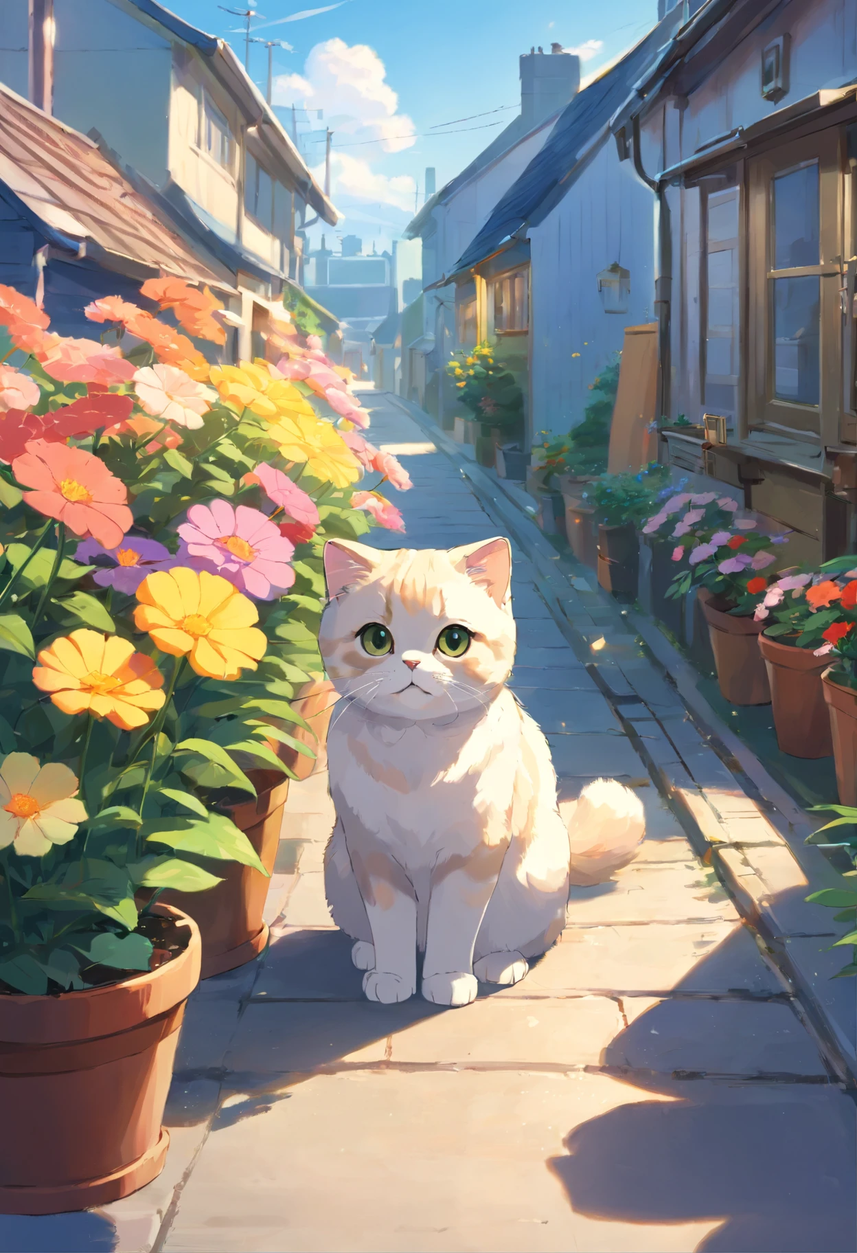 Scottish Fold cat, Close-up. On the street, flower pots,, There are houses in the distance.