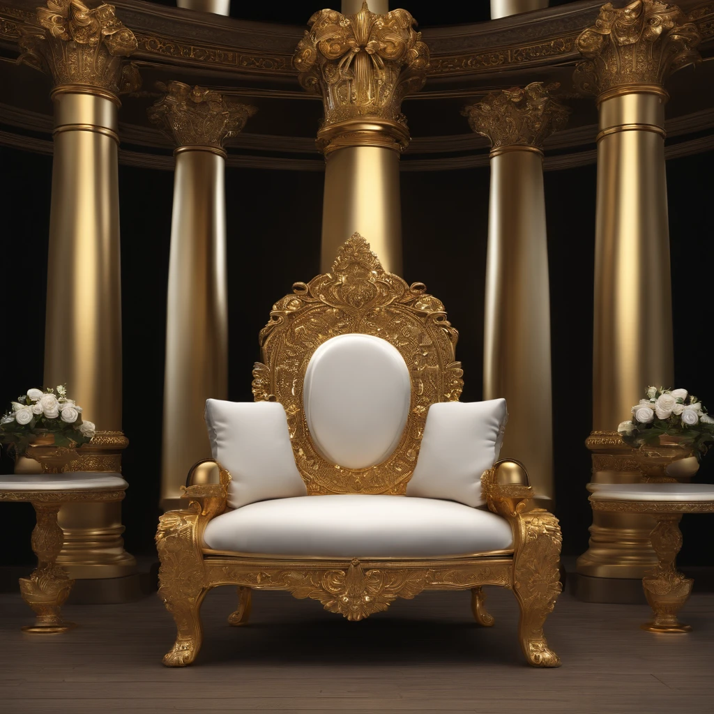 (best quality,4k,8k,highres,masterpiece:1.2),ultra-detailed,realistic,photorealistic:1.37,royal throne,golden,ornate,elaborate,carved detailing,velvet cushioning,richly decorated,exquisite craftsmanship,isolated from background,grandeur and opulence,king's power and authority,luxurious feel,regal vibe,historical significance,monarchy symbol,A symbol of power and wealth,commanding presence,dignified and majestic ambiance,impressive size and stature,vivid colors,soft lighting
