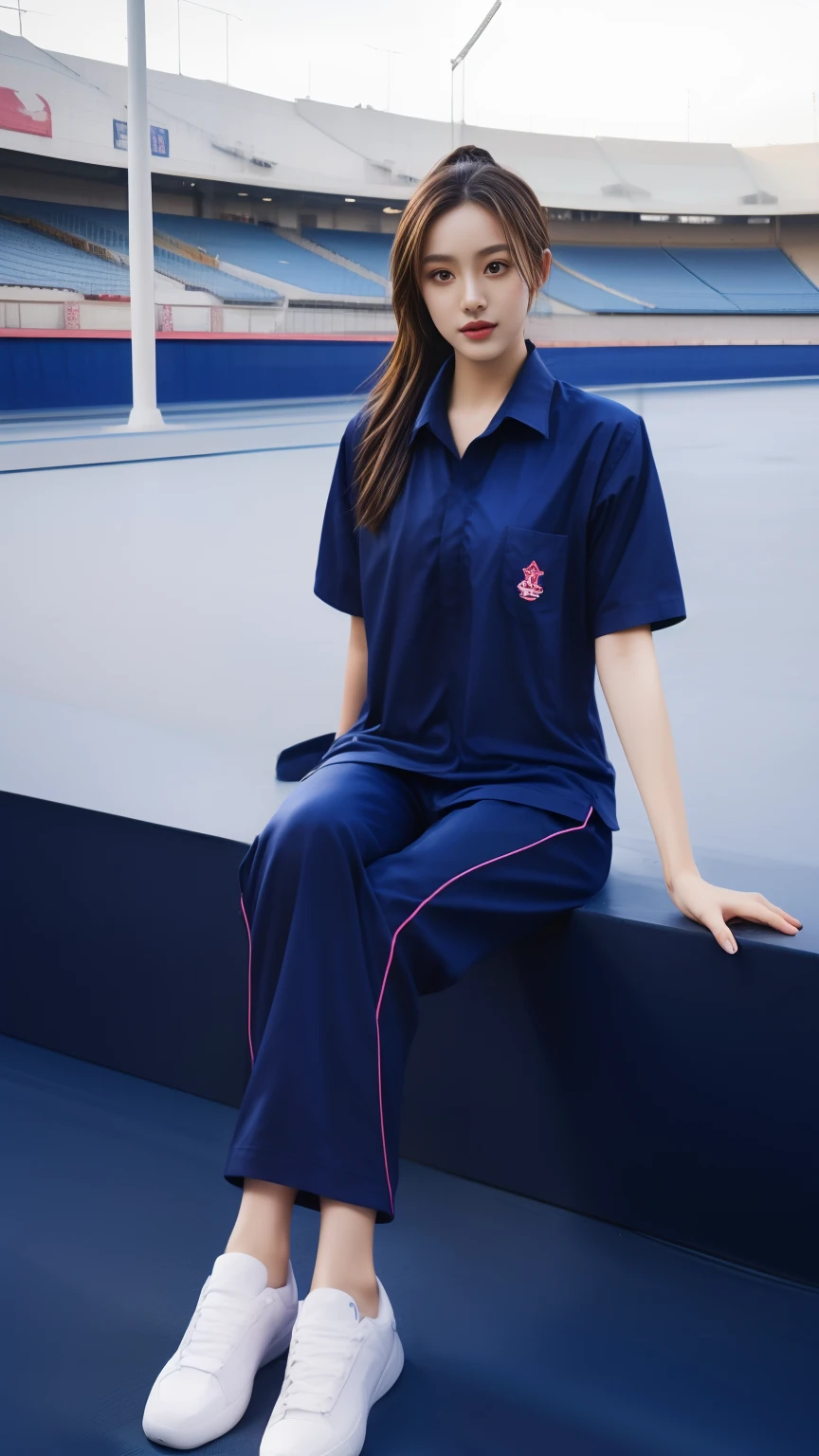 (bestquality,10,10,highres,masterpiece:1.2),ultra-detail,(Realistic,photorealistic portrait,photo-realistic:1.37),1 cute girl sitting on the football field,oily shiny skin,bara,light smile,BDclothes,((blue shirt:1.3)),short sleeves,shirt, trousers.,(navy_long_Pants Track:1.1), ((Stadium Background:1.3)),dynamic angle,excited,face focus,Dynamic Poses,from behide,Ass Focus,masterpiece, bestquality, ultra realistic, hyper-detail, 8k resolution, RAW photo, crisp focus, ((Navy blue shirt:1.1)), short sleeves, Long Path, Perfect body, 2 mature women, 18yo, cinematic light,Blue sweatpants,Gymware,Correct anatomy,Complete body, Correct body, sharp face, Anatomically correct body, full entire body, Realistic gestures, long-haired, Realistic poses,Wear long shorts................,Long leg span,Shapely,Sculpting Girl, Slender Figure, mannequin mannequins, Shapely, Beautiful body,Blue sweatpants