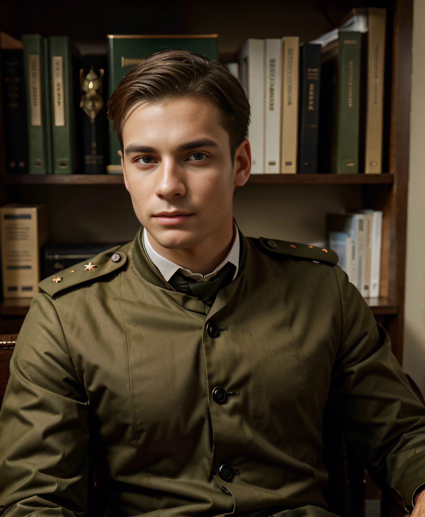 portrait for young british man wearing military khaki uniform sitting on chair in his office, realistic high details high quality hyper realistic victorian era