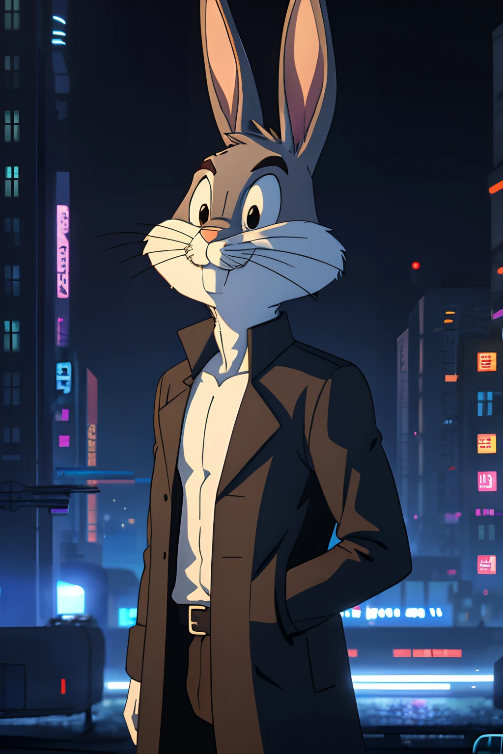 gloves, male, solo, bugs bunny, rabbit, buckteeth, forest, long ears, grey body, grey fur, white fur,furry, upper body,wearing black trenchcoat in a cyberpunk city, 4k, cg, serious face, solo, neon lights, at night,,16k(detailed face and eyes:1.3),
 ,furry,no humans, 
Ultra-detail,(highres:1.1),best quality,(masterpiece:1.3),anime style, anime screencap, 2010s_\(style\),