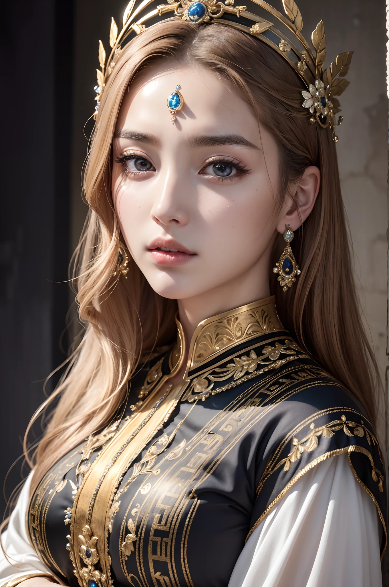 Absurd, Ultra-detailed, High quality, masutepiece,  Detailed face, Beautiful eyes(Detailed eyes), Greek mythology, Goddess, hera , Deities々Queen of, Impressive and captivating, The characteristics are classically beautiful, with high cheekbones, A perfectly proportioned face, Eyes depicted as large and seductive, Hold a strong gaze, Golden hair , Goal hair is rich and flowing, Flowing down her back like a wave , Wearing an elegant robe decorated with intricate patterns , Her beauty is not superficial、Embodying the essence of power, Authority, And majesty、And tears are overflowing from the eyes、mournful、very sad、