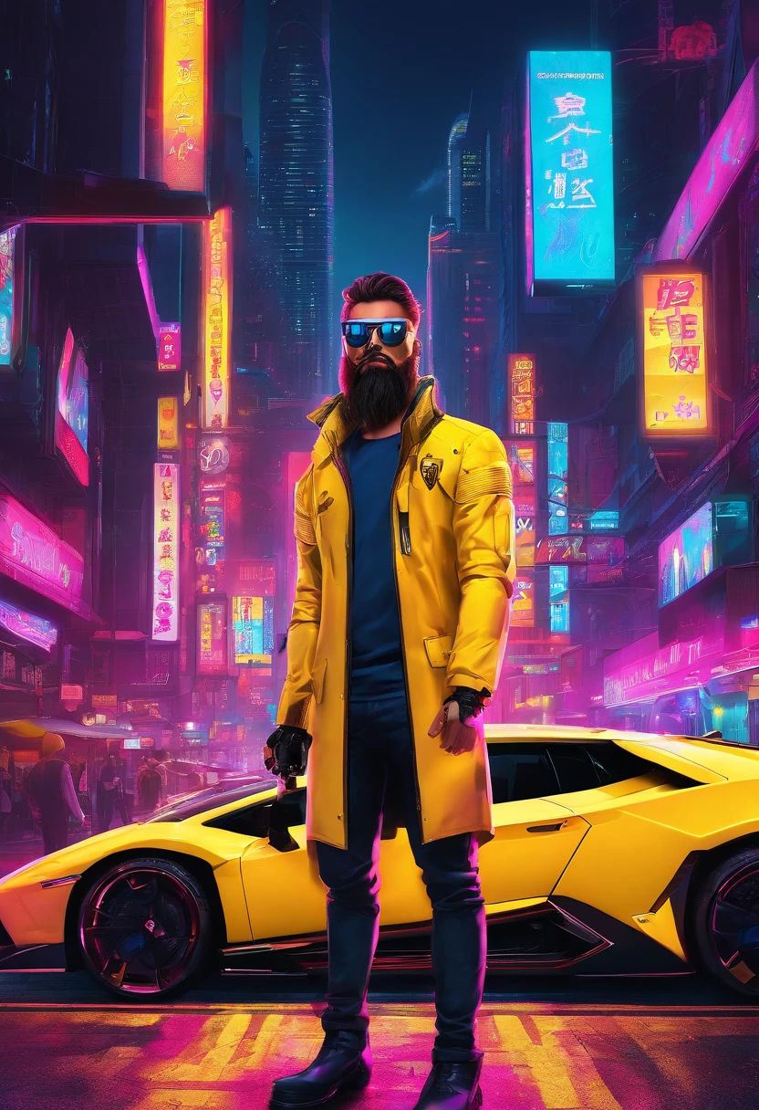 man with beard , yellow lamborghini, Success, sunglasses, official costume, colourful, 真实感