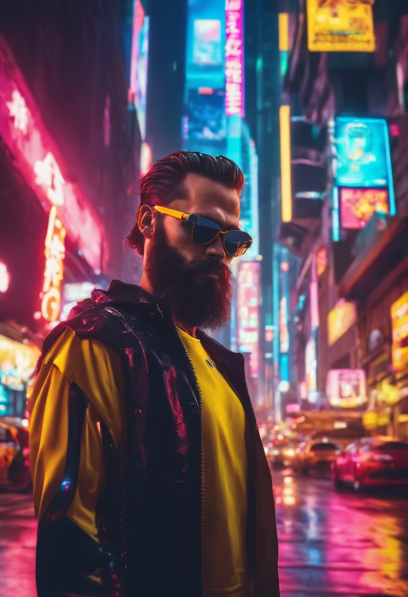man with beard , yellow lamborghini, Success, sunglasses, official costume, colourful, 真实感