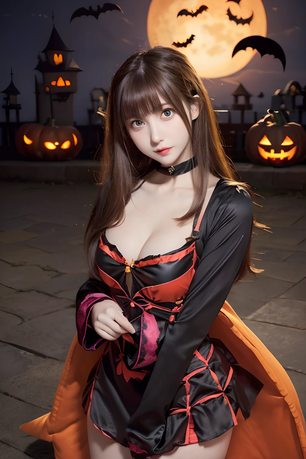 (A beautiful model who participated in a Halloween event in Japan, her beautiful hair tied in a ponytail), solo, ((Her face is 80% suspicious and bewitching, 20% innocent and cute:1.5)), Detailed eyes, double eyelids, (Bewitching lips with a fearless smile:1.2), ((Ultra detailed and incredibly high resolution calligraphy performance costume: 1.2)), striking body shape, curvy and very attractive woman, high-resolution RAW color photo pro photo, cinematic photo, BREAK unparalleled masterpiece, incredible high resolution, super detailed, fantastic stage that emerges at night, BREAK ((All you can see from this is her mouth smiling innocently, looking satisfied:1.5)), ((The completed work is Himeji Castle drawn with a large hude using glittering neon ink:1.5)), ((She Her costume is a calligraphy performance costume with a white dougi and dark blue hakama:1.5)), (she wears a red tasuki to make it easier to move), (elaborately made calligraphy performance costume), (Japanese Gi and hakama used in martial arts), (Halloween night stage decorated with brightly colored neon Hoozuki:1.5), BREAK ((Best Quality, 8k, 32k)), Crisp Focus, (Beautiful Woman with Perfect Figure:1.4), (Beautiful and elegant rear view:1.3), Slender waist, (Carrying the large hude he used on his shoulder:1.5)