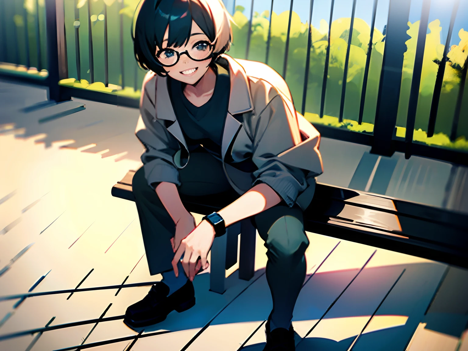 best quality ,masterpiece ,a girl ,glasses ,very short hair ,bright world ,fun ,smile ,teeth ,bench ,gray sweatshirt