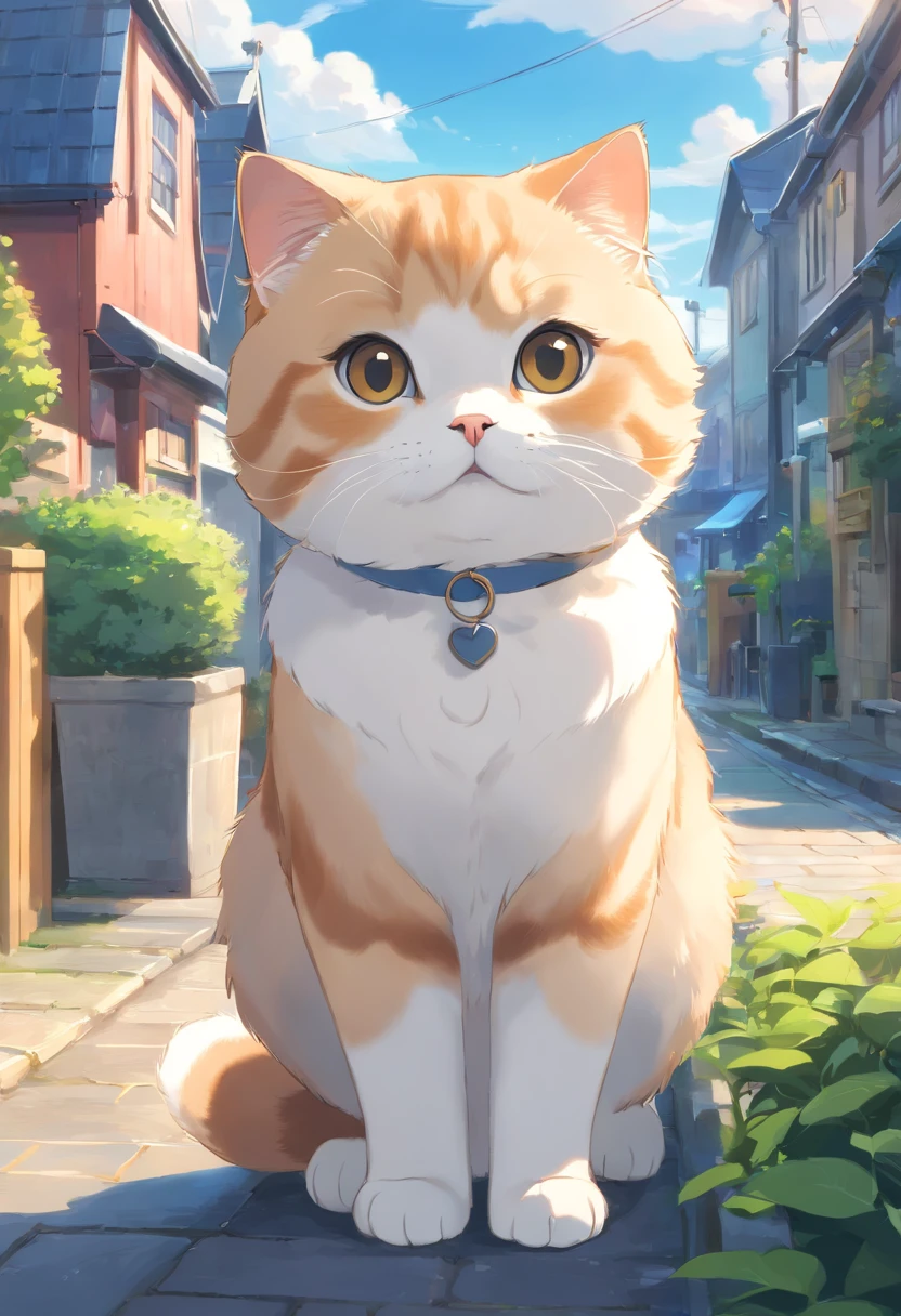 Scottish Fold cat, Close-up. streetview, There are houses in the distance.