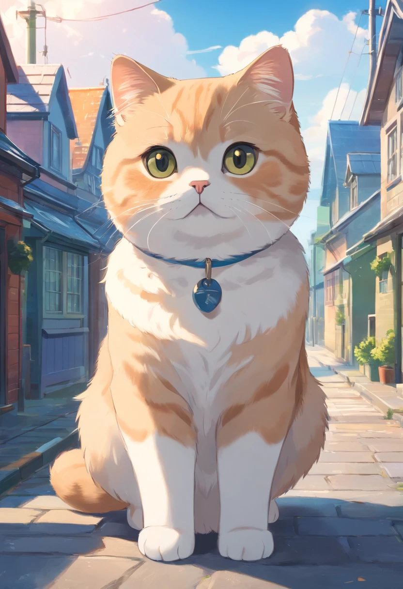 Scottish Fold cat, Close-up. streetview, There are houses in the distance.