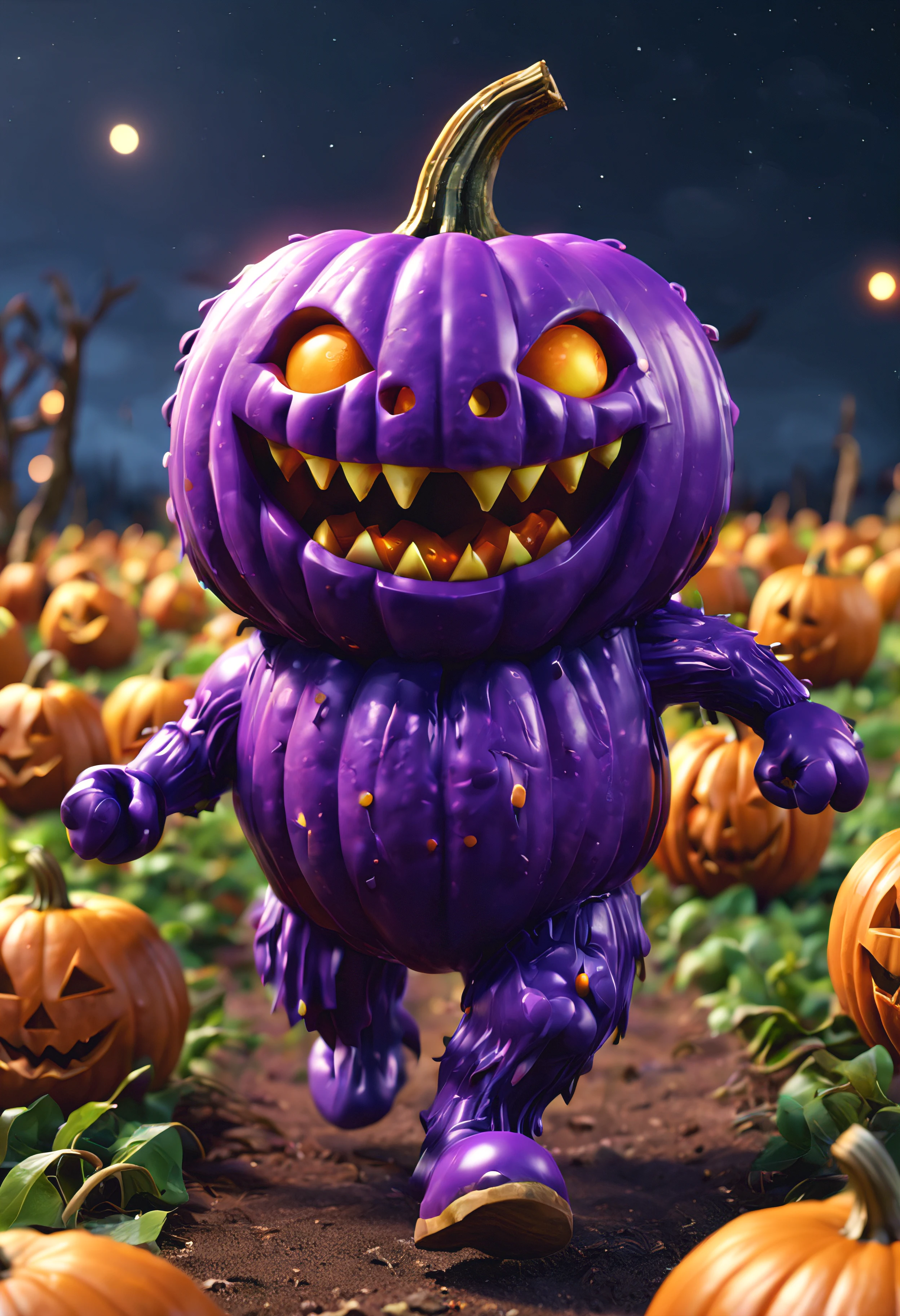 a colorful (jack-o-lantern monster) with a mouth full of candy, (running) through a pumpkin patch at (night), cute 3 d render, covered in (purple-liquid), rendered in cinema 4 d octane, blender art, cinema 4d colorful render, highly detailed photo of happy, rendered in cinema4d, rendered in cinema 4 d, colorful octane render, 3 d illustration, 3d illustration, stylized as a 3d render. Vibrant, beautiful, translucent, intricate, detailed, high saturation