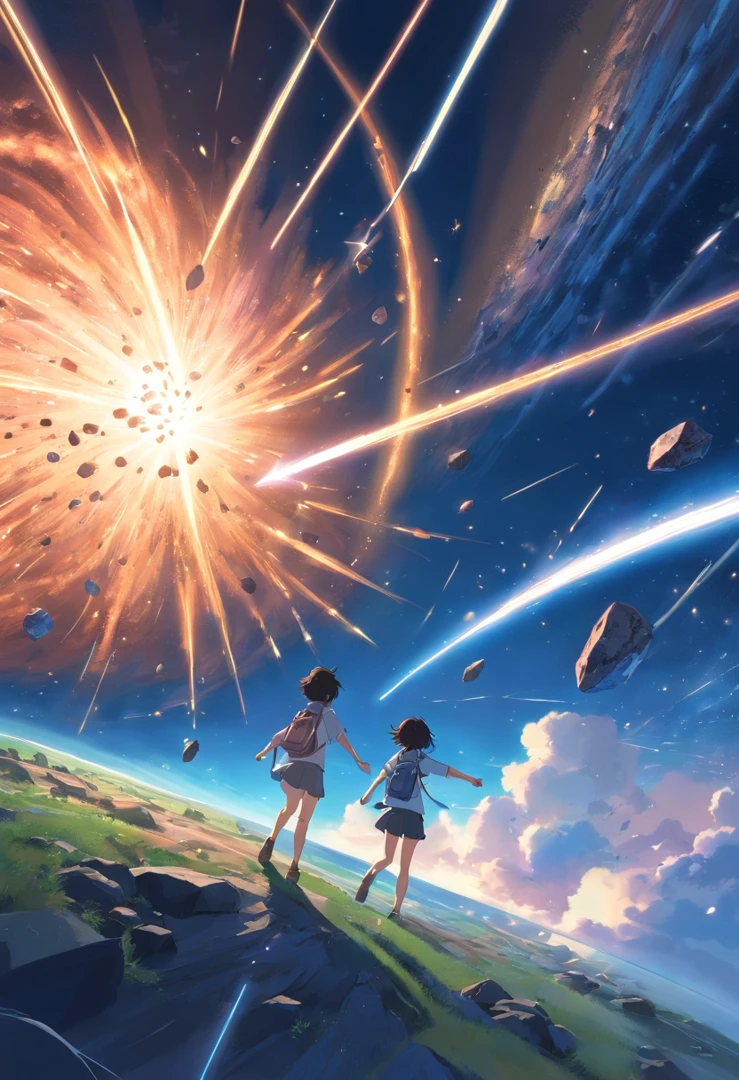 Eight meteorites collide with the Earth in an arc, Speed is random, Heading to one place,