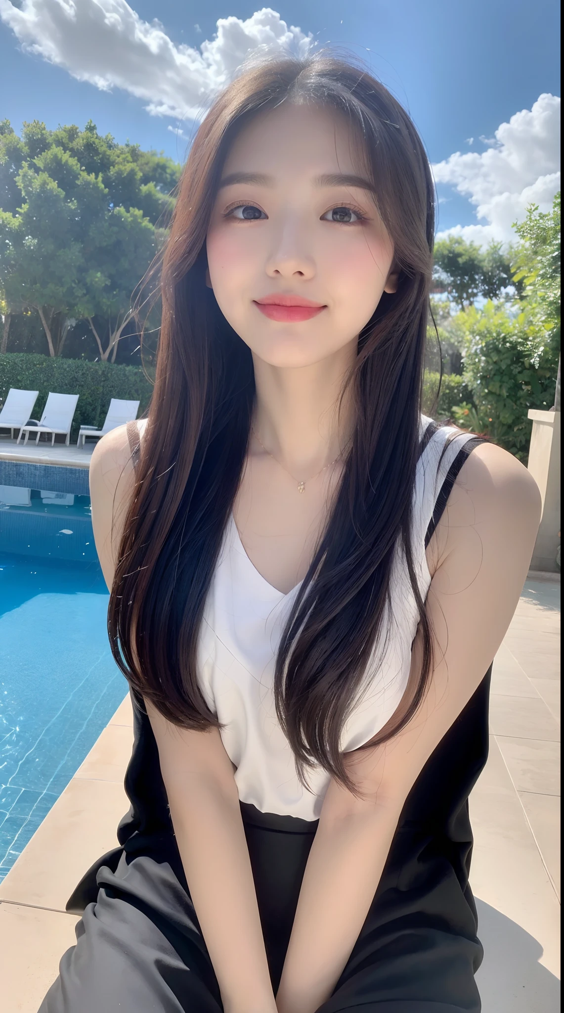 (top Quority, 8K, tmasterpiece:1.3)), A pretty maiden，Pure，Melon seed face，gentle and cute，A sweet smile，Pure desire，Thin stature，(frontage)，staring right into camera，uniform, Obi, formal，Black silky long, layered long hair，Long hair flowing over the shoulders，round black big eyes，Clear big eyes，Hydrated red lips，Sweet，Sitting next to the pool，with blue sky and white clouds，Blue skies，