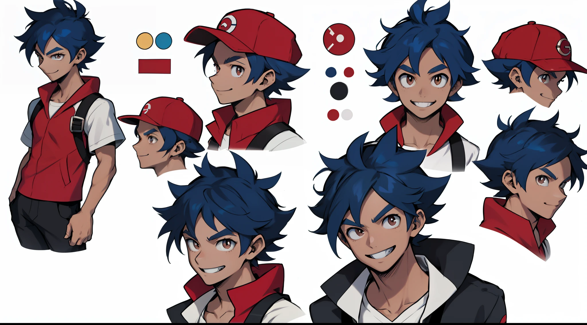 Adult male, red hat, white shirt with blue details, black short, brown eyes, (detailed face), (detailed eyes), pokemon trainer, anime style, thin, white background, character sheet, multiple angles, smile, blue hair