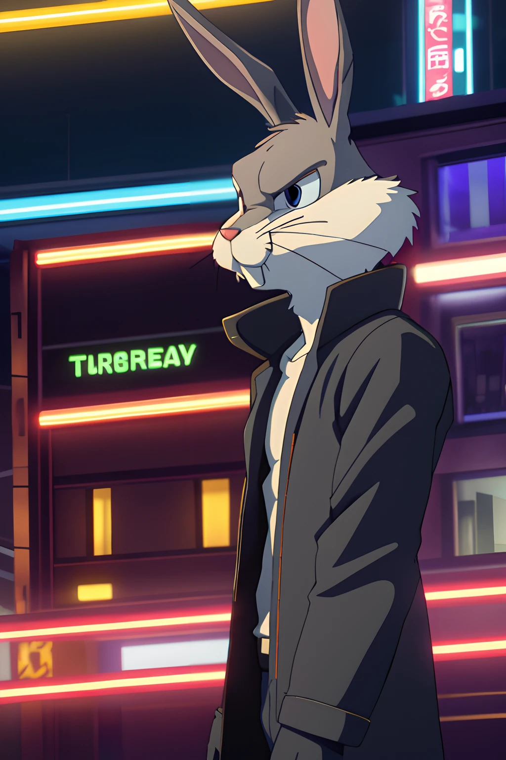 gloves, male, solo, bugs bunny, rabbit, buckteeth, forest, long ears, grey body, grey fur, white fur,furry, upper body,wearing black trenchcoat in a cyberpunk city, 4k, cg, (((serious face 1.4))), solo, neon lights, at night,,16k(detailed face and eyes:1.3),
 ,furry,no humans, 
Ultra-detail,(highres:1.1),best quality,(masterpiece:1.3),anime style, anime screencap, 2010s_\(style\),