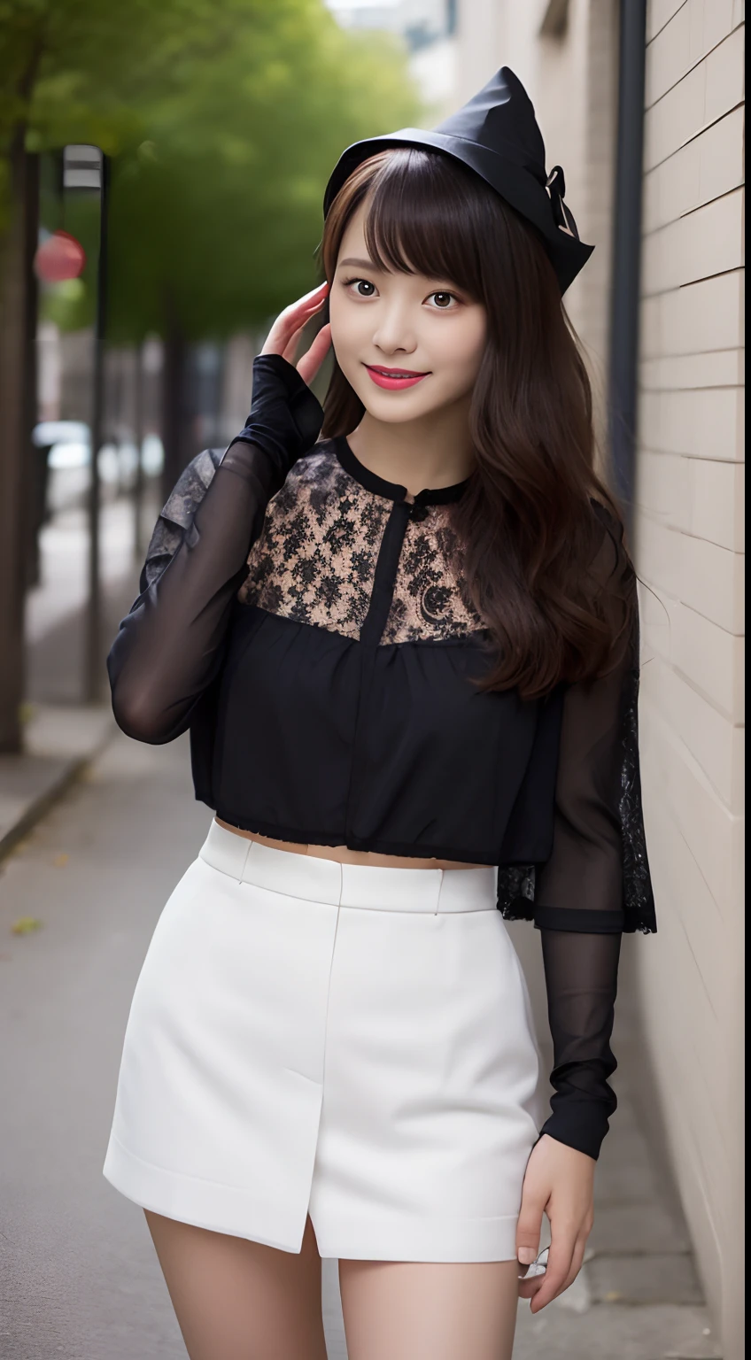 (top-quality、超A high resolution、masterpiece:1.3)、(a tall and beautiful woman), Midhair with bangs, Detailed moisturized eyes, Textured skin, Best Quality, 8K, blurry backround, ((thin-waist, skinny thigh:1.1, long legged)), (Colossal tits), Natural Color Lip, ssmile, Young woman in perfect style, during the day, You are in the downtown area, Witch Costume, Lace jacket, Bear gloves, Katyusha