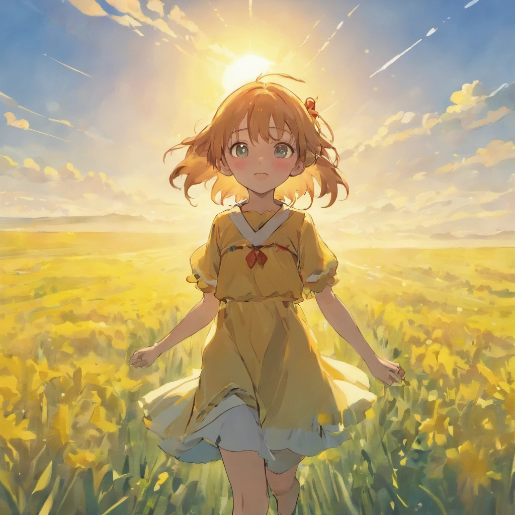 A girl runs on the prairie,There is sun shine