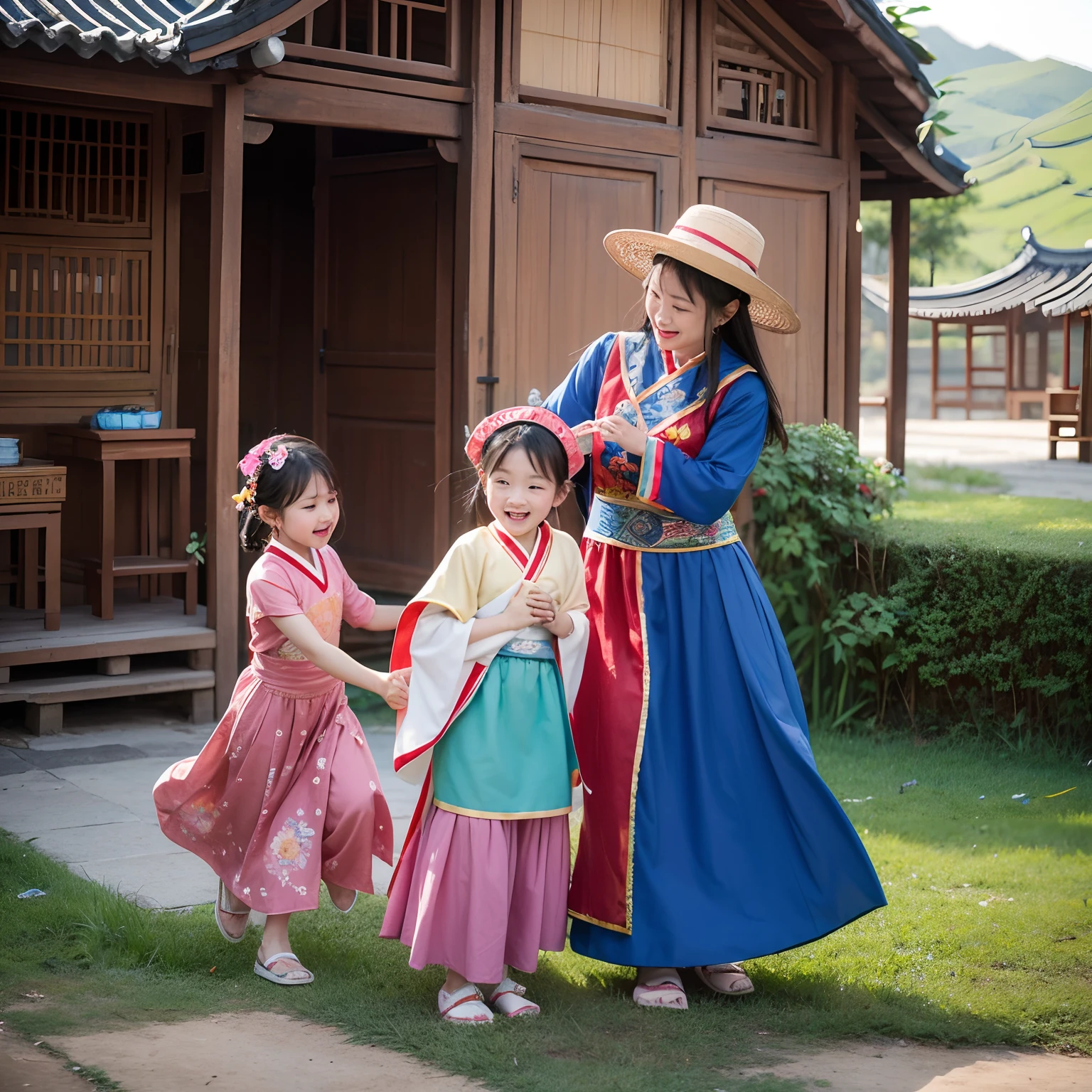 In a beautiful Zhuang village，There is a big happy family, and the children are playing happily in the village in beautiful Zhuang costumes，They wore beautiful Zhuang hats，Wearing brightly colored Zhuang costumes，Hand in hand, they sing and dance in a circle in the village