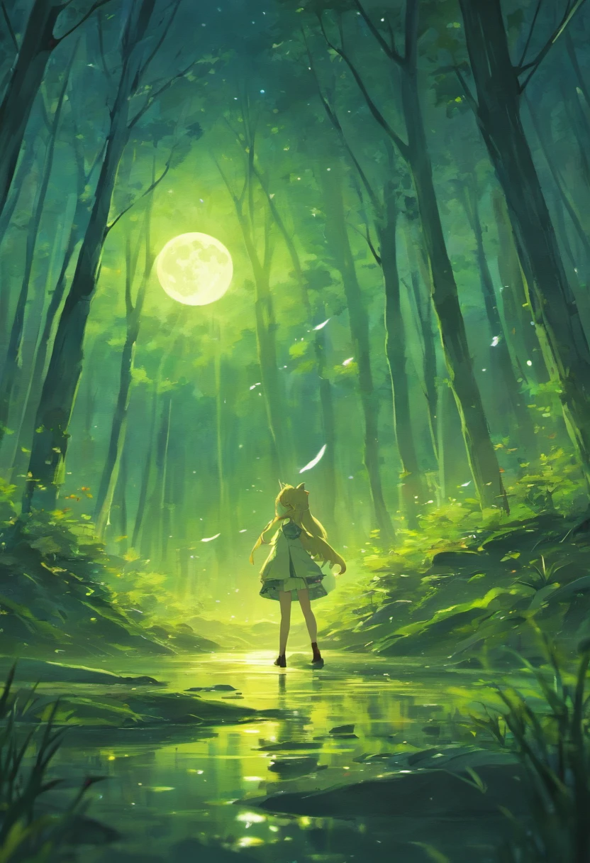 Couldy atmosphere, beautiful forest landscape, stone, macro photography stop on the stone, moonlight with reflection, macro photography of a cute chibi cat, macro photography