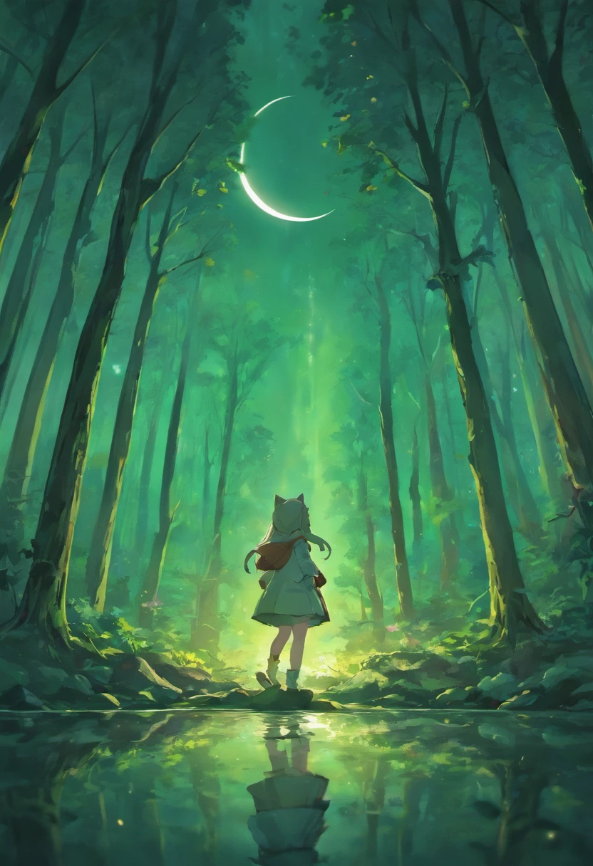 Couldy atmosphere, beautiful forest landscape, stone, macro photography stop on the stone, moonlight with reflection, macro photography of a cute chibi cat, macro photography