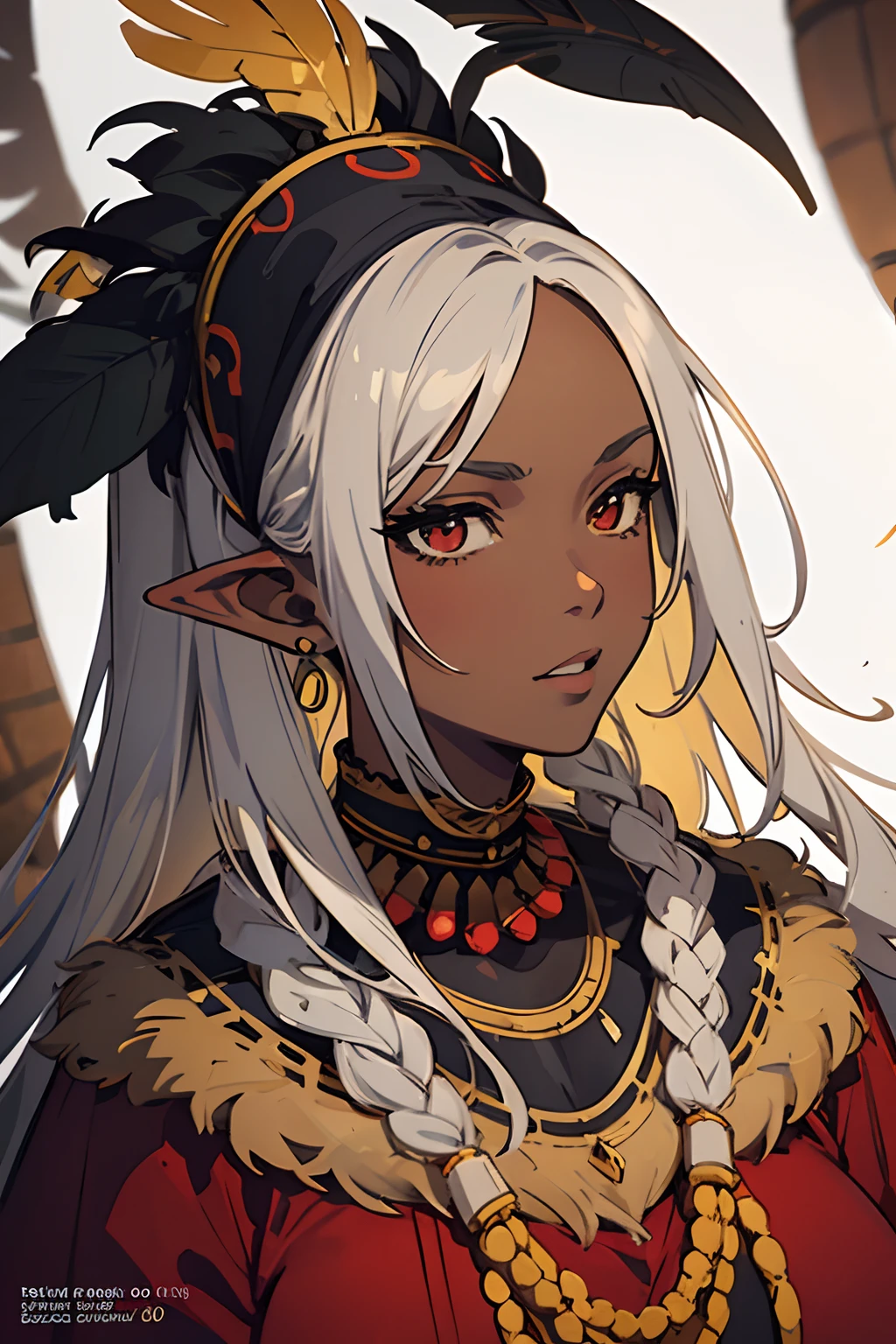 Ultra Detailed, big breast, 1girl, Official Art, Unity 8k Wallpaper, fanart, commissioned art, professional artist, digital art, alluring, ((flat color)), ((celshade)), african tribal girl, tribal people, dark skin, african race, african tribe, african culture, african skin, dreadlock hair, elf ears