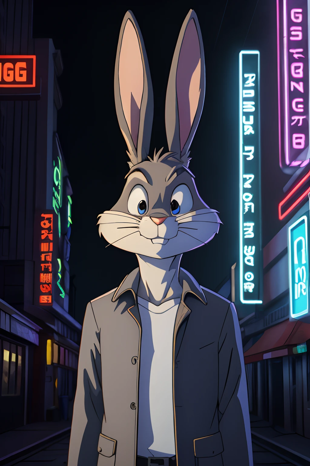 gloves, male, solo, bugs bunny, rabbit, buckteeth, forest, long ears, grey body, grey fur, white fur,furry, upper body,wearing black trenchcoat in a cyberpunk city, 4k, cg, (((serious face 1.4))), solo, neon lights, at night,,16k(detailed face and eyes:1.3),
 ,furry,no humans, 
Ultra-detail,(highres:1.1),best quality,(masterpiece:1.3),anime style, anime screencap, 2010s_\(style\),