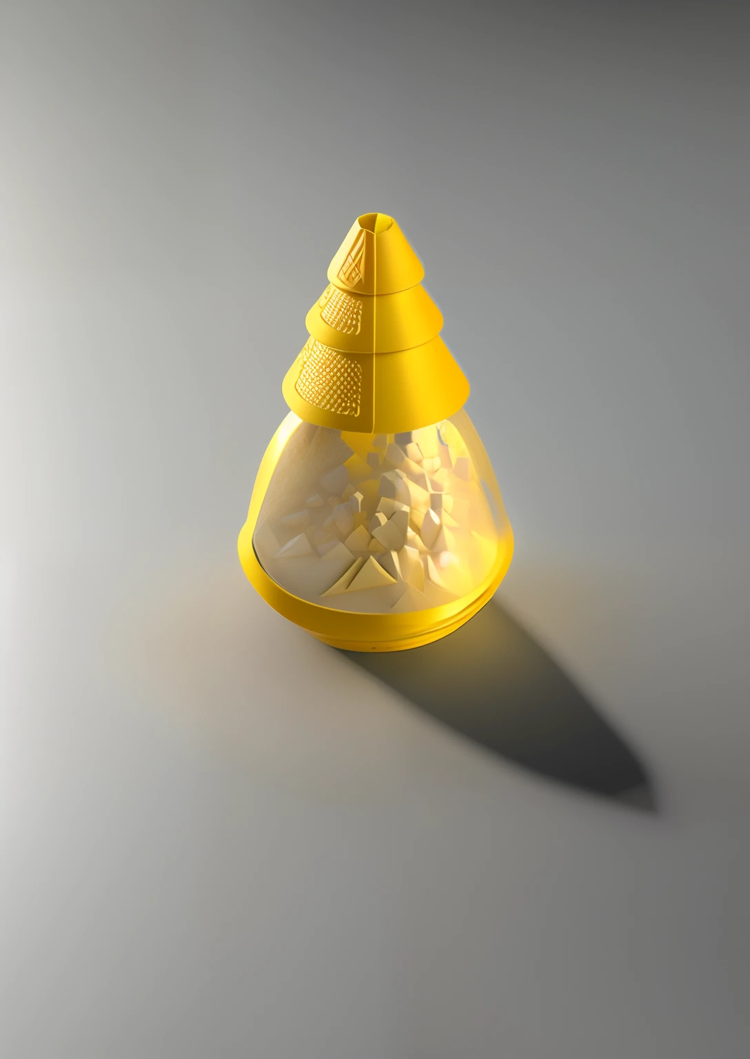 there is a small light plastic vase with a small pyramid on top, cone shaped, highly detailed product photo, designed in blender, by Artur Tarnowski, cone, miniature product photo, bottle, close portrait, product photography, product design render, rendered in cinema 4 d, light cone, rendered in cinema4d, product design shot color yellow