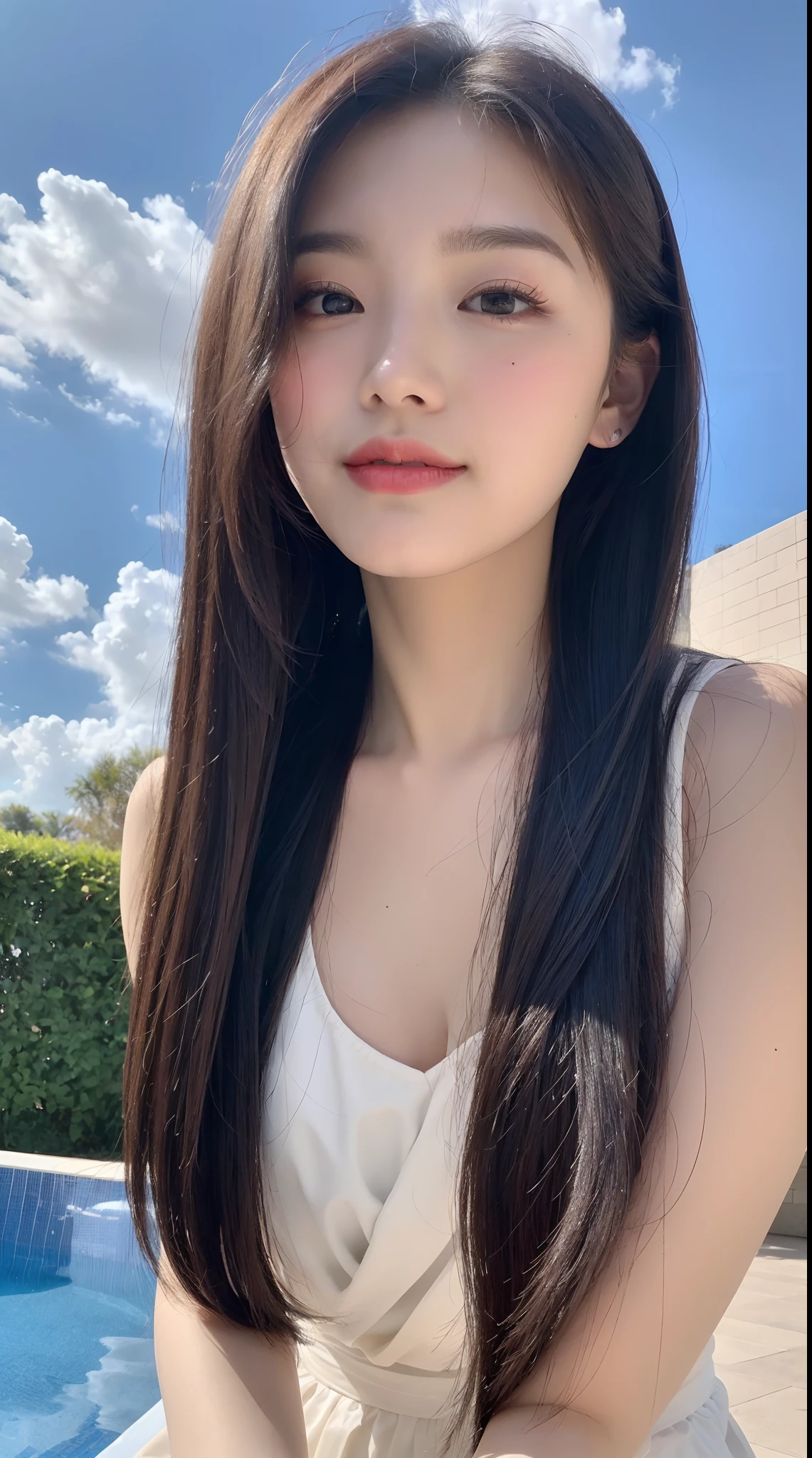 (top Quority, 8K, tmasterpiece:1.3)), A pretty maiden,Pure,Melon seed face,gentle and cute,A sweet smile,Pure desire,Thin stature,(frontage),staring right into camera,uniform, Obi, formal,Black silky long, layered long hair,Long hair flowing over the shoulders,round black big eyes,Clear big eyes,Hydrated red lips,Sweet,Sitting next to the pool,with blue sky and white clouds,Blue skies,