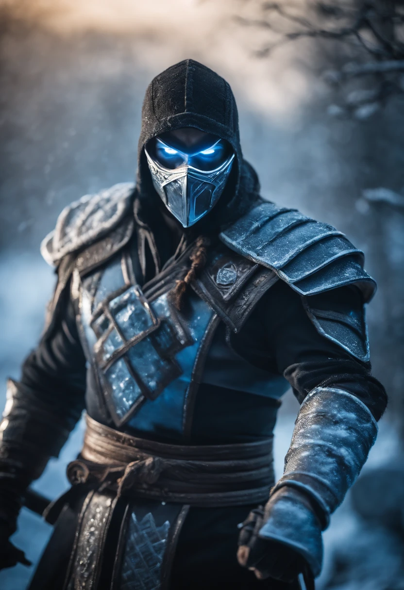 epic image of sub zero from mortal kombat 1 in winter. Holding a spear made out of ice. Castle background