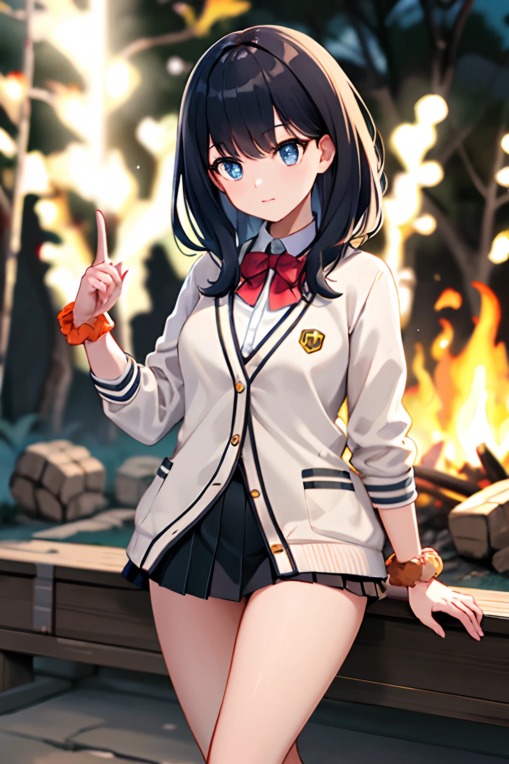 ​masterpiece, top-quality, Hi-Res, rikka1, 1girl, Takarada Rikka, A dark-haired, 独奏, blue eyess, wrist scrunchie, length hair, red socks, student clothes, a black skirt, bangss, pleatedskirt, orange scrunchie, Red ribbons, White cardigan, long-sleeve, a bow tie, white  shirt, a miniskirt, White sweater, cowboy  shot,plein air，camp，bonfire