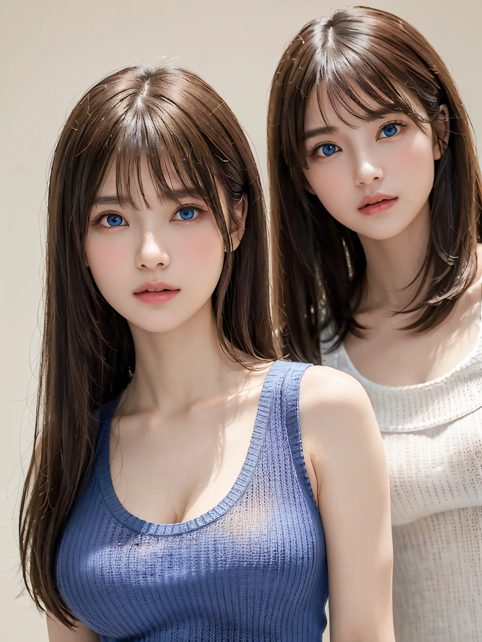 ((Shoot from below:1.7, simple gradation background:1.4)), (masutepiece, Best Quality, (Realistic, Super Real, Super Reality:1.5), (Photography)), ((2girls, duo:1.8)), (Neat and innocent personality, Gentle atmosphere:1.4), ((Brown Color Hair, (Straight very long moist hair):1.5)), (Smile:0.9), (eyes gentle), (Looking at Viewer, cinemagraph), BREAK (((Perfect beauty, Very porcelain skin, Very fair skin, Quality and beautiful skin:1.7)), Super Smart, (Faces with random and very beautiful details:1.4), (Symmetrical beautiful face, symmetrical beautiful eyes, (blue color eyes:1.2), Fine Eyes Detail, Fine face:1.3), (Large eyes, Hyper Detail Eyes, Very clear eyes:1.4), ((2females:1.4)), up of face, Slender face、Smart face, light brown hair, Blunt bangs, hair behind ear, hair over shoulder, Long hair, slender body shape, Ultra Fine Face, Thin face, Delicate lips, Keep your mouth shut, Beautiful eyes, thin blush, eyes are light brown, perfect glossy skin, flawless skin, View here, Ultra-thin hands, Ultra-fine fingers:realisitic:1.5), One-person viewpoint, Fuji Film, 8K, masutepiece, nffsw, Super Detail, High quality, Best Quality, hight resolution, ((Don't show your fingertips))、the golden hour Beautiful light, (((Schoolgirl Uniform)))、((White Low Top (Tight Tank Top Summer Knit:1.4)))、((Dark blue hot pants))、 ((Very large breasts, firm breasts:1.7)、((Slender body、thin legs, A slender))、 (((Positive image:1.3)))、