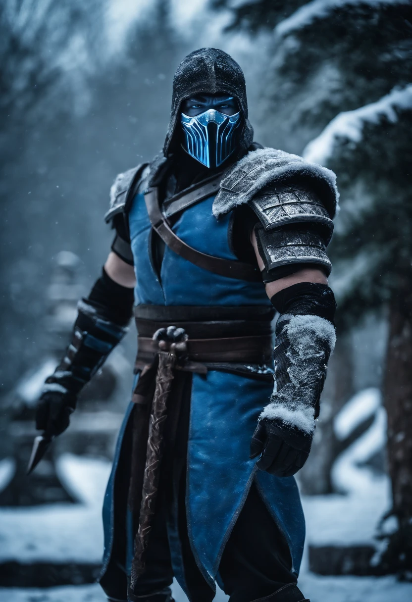 epic image of sub zero from mortal kombat 1 in winter. Wearing cool armor. Holding a spear made out of ice. Castle background