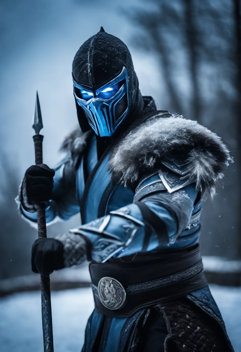 epic image of sub zero from mortal kombat 1 in winter. Wearing cool armor. Holding a spear made out of ice. Castle background