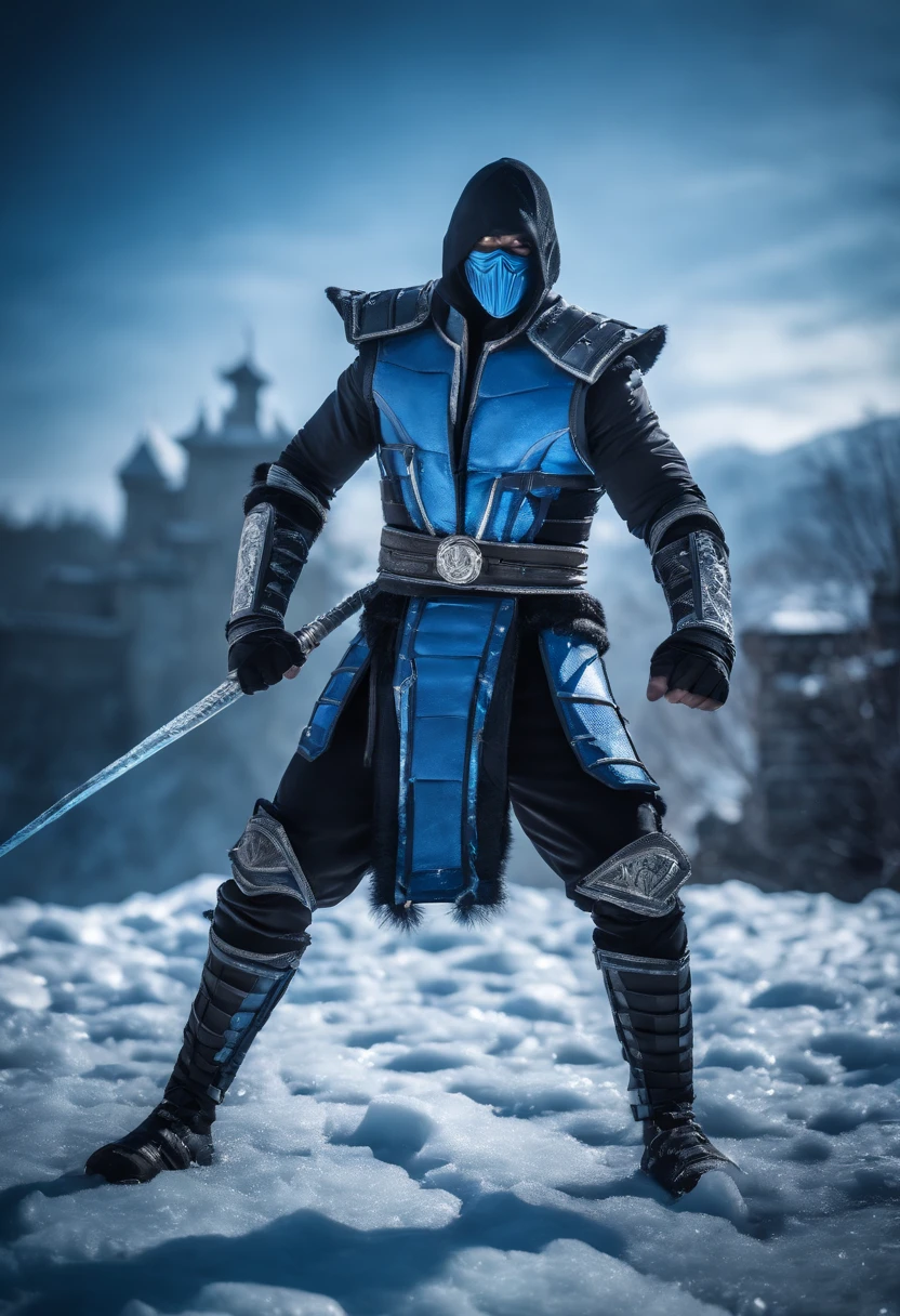 epic image of sub zero from mortal kombat 1 in winter. Wearing cool armor. Holding a spear made out of ice. Castle background