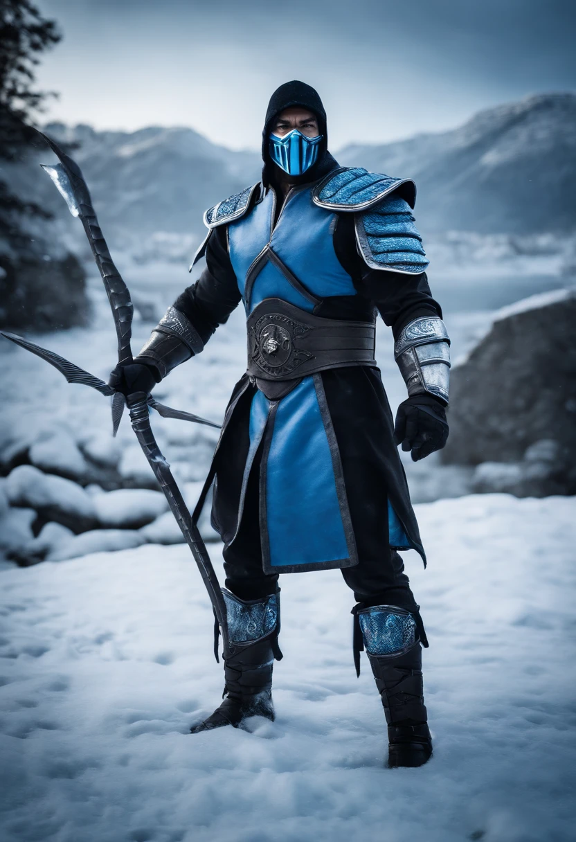 epic image of sub zero from mortal kombat 1 in winter. Wearing cool armor. Holding a spear made out of ice. Castle background