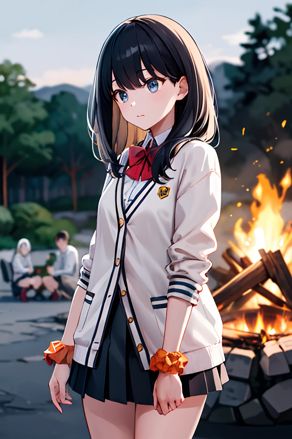 ​masterpiece, top-quality, Hi-Res, rikka1, 1girl, Takarada Rikka, A dark-haired, 独奏, blue eyess, wrist scrunchie, length hair, red socks, student clothes, a black skirt, bangss, pleatedskirt, orange scrunchie, Red ribbons, White cardigan, long-sleeve, a bow tie, white  shirt, a miniskirt, White sweater, cowboy  shot,plein air，camp，bonfire