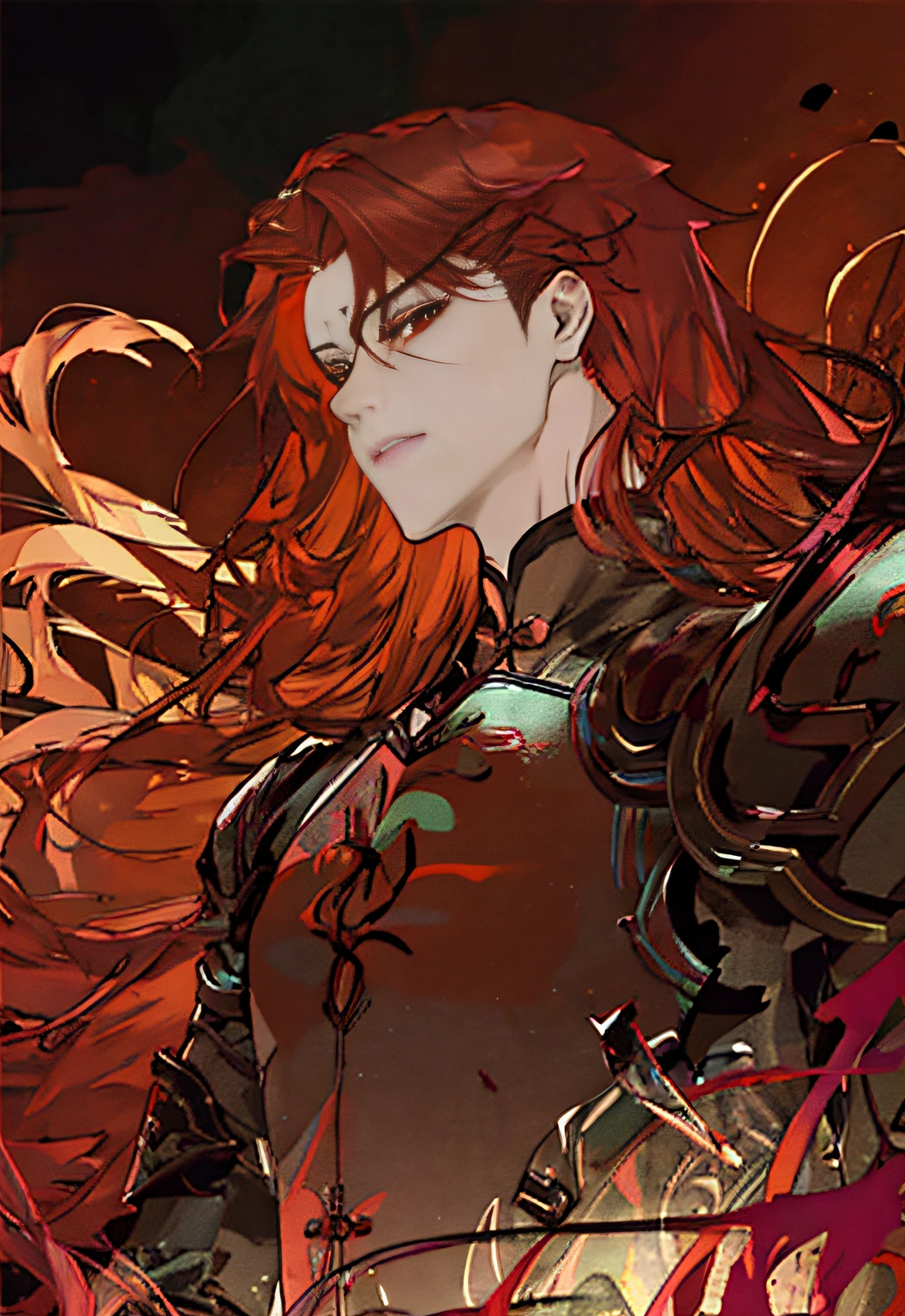 anime character with long red hair and red eyes standing in front of a red background, anime style like fate/stay night, asuka langley sohryu, fate/zero, gapmoe yandere grimdark, asuka langley souryuu, fate / stay night, fate zero, fate stay night, asuka langley soryu, mirai nikki, anime wallaper anime, red haired man with black wings and a black armor, male redhead templar, demon slayer rui fanart, handsome guy in demon slayer art, crimson red hair and red eyes, redhead king in heavy red armor, with red hair, portrait of a dnd character, rossdraws sakimimichan, male vampire of clan banu haqim, red haired god, Spiky Black armor, Handsome guy, Long red hair