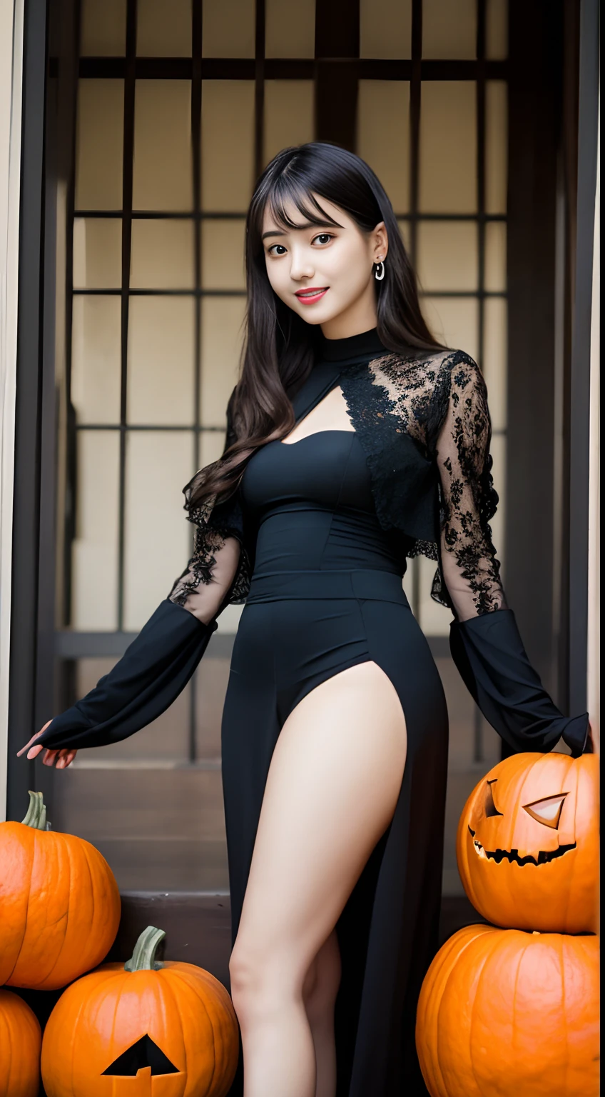 (top-quality、超A high resolution、​masterpiece:1.3)、(a tall and beautiful woman), Midhair with bangs, Detailed moisturized eyes, Textured skin, Best Quality, in 8K, blurry backround, ((thin-waist, skinny thigh:1.1, long legged)), (Colossal tits), Natural Color Lip, ssmile, Young woman in perfect style, during the day, You are in the downtown area, Witch Costume, Lace jacket, Cat Hand Gloves, Katyusha, Pumpkin Lantern, tiny girl