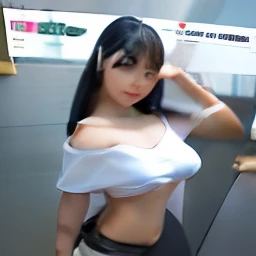 best quality, ultra high res, (photorealistic:1.4), 1girl, off-shoulder white shirt, black tight skirt, black choker, (faded ash gray hair:1), (huge breasts:1.2), looking at viewer, closeup ,