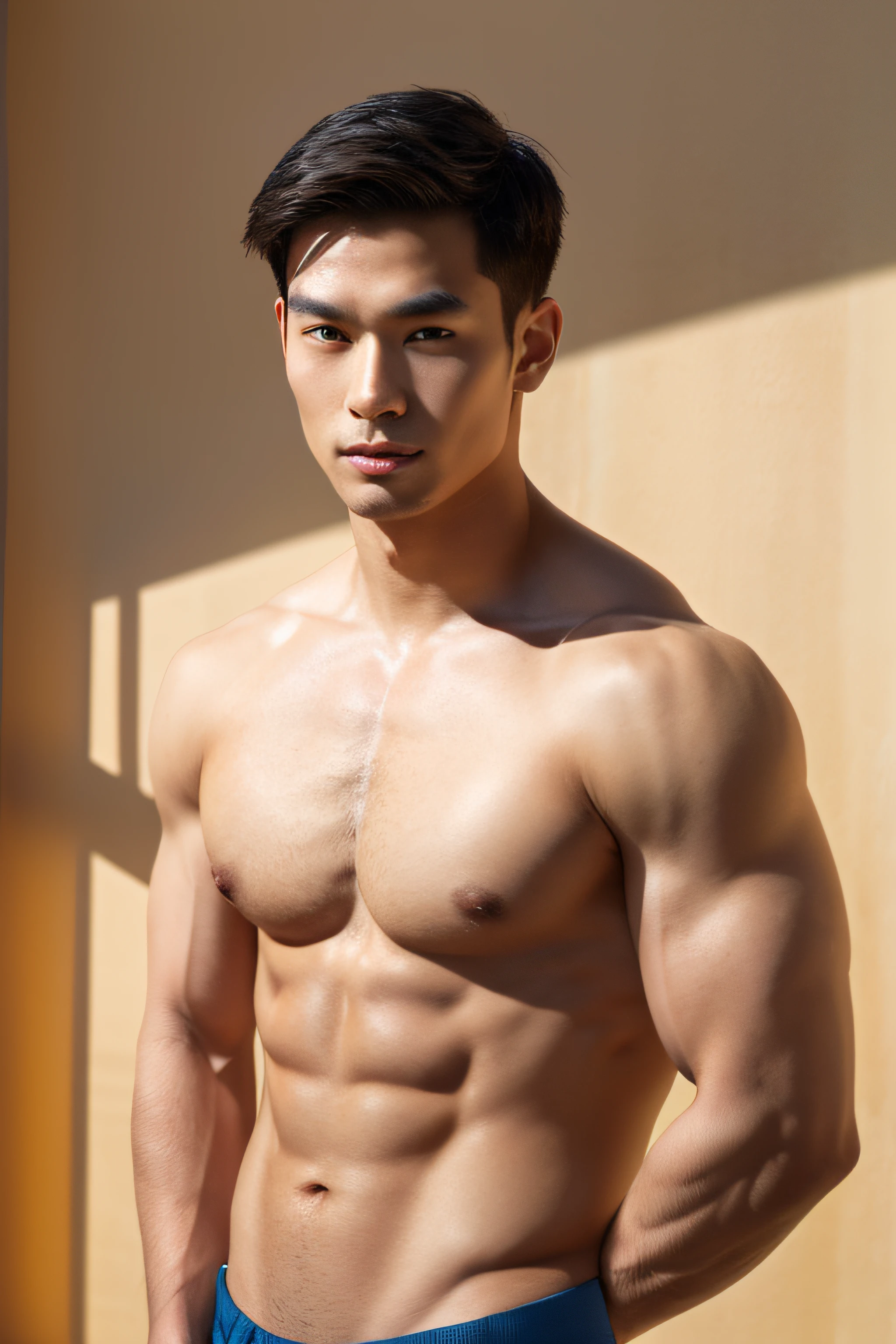 handsome Asian man, well-muscled, Upper body naked, 4K, hight resolution, smooth skin, finely detailed skin