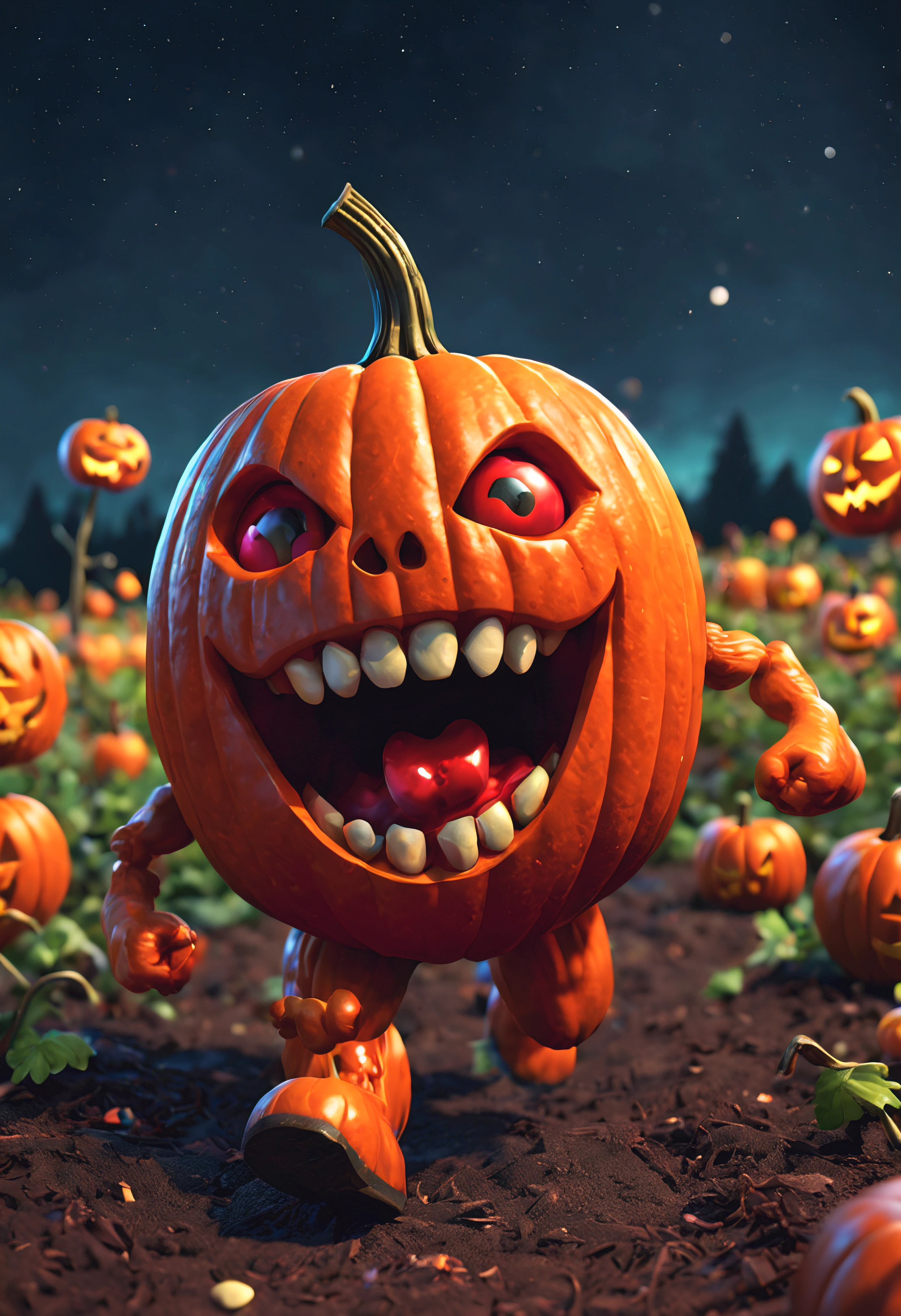 a colorful (jack-o-lantern monster) with a mouth full of candy, (running) through a pumpkin patch at (night), cute 3 d render, covered in (red-liquid), (low-angle), (isometric view), rendered in cinema 4 d octane, blender art, cinema 4d colorful render, (highly detailed) photo of happy, rendered in cinema4d, rendered in cinema 4 d, colorful octane render, 3 d illustration, 3d illustration, stylized as a 3d render. Vibrant, beautiful, translucent, intricate, detailed, high saturation