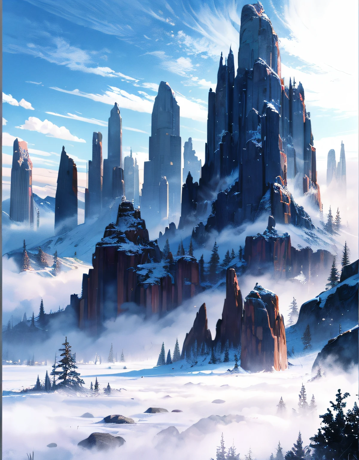 Nice 8KCG Wallpapers, very fine 8K CG wallpaper, watercolor (medium), Blue skies, High mountains left and right on the screen, rock formations, Foggy streets, Vacant lot, Winter Mountain, thick fog, Vacant lot,