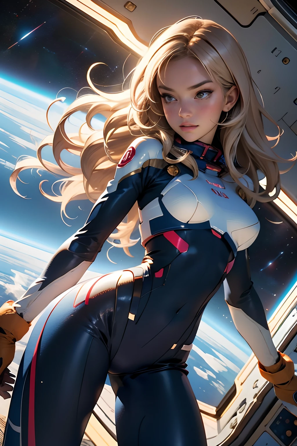 sandy hair fit body large breasts slender thighs slender waist pilot suit solo looking at viewer in space long hair blushing determination, 8k, extreme detail,