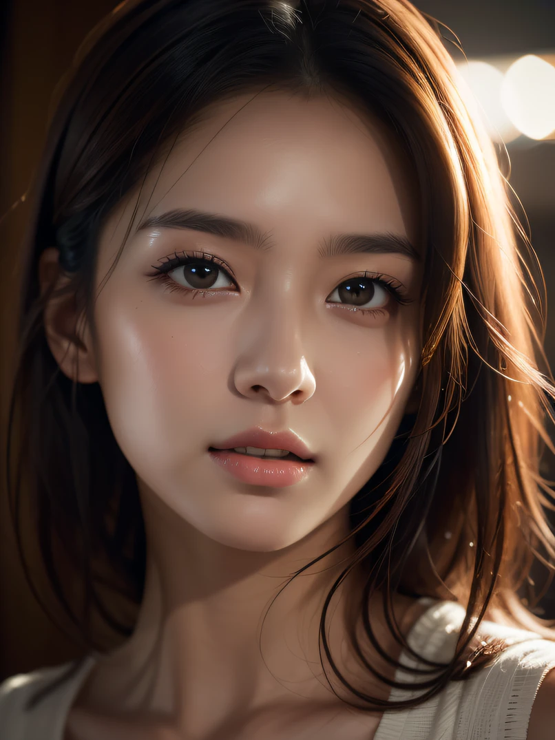 hightquality、hight resolution、masterpiece、foco nítido、photographrealistic、Raw photography、lighting like a movie、Photorealistic portrait of amazingly beautiful woman without makeup、Highly detailed brown eyes、detailed symmetric realistic face、Highly detailed natural textures、Peach fluff、messy black hair、ighly detailed、finely detail、richly colored、ultra realistic textures、dramatic lighting、watching at viewers