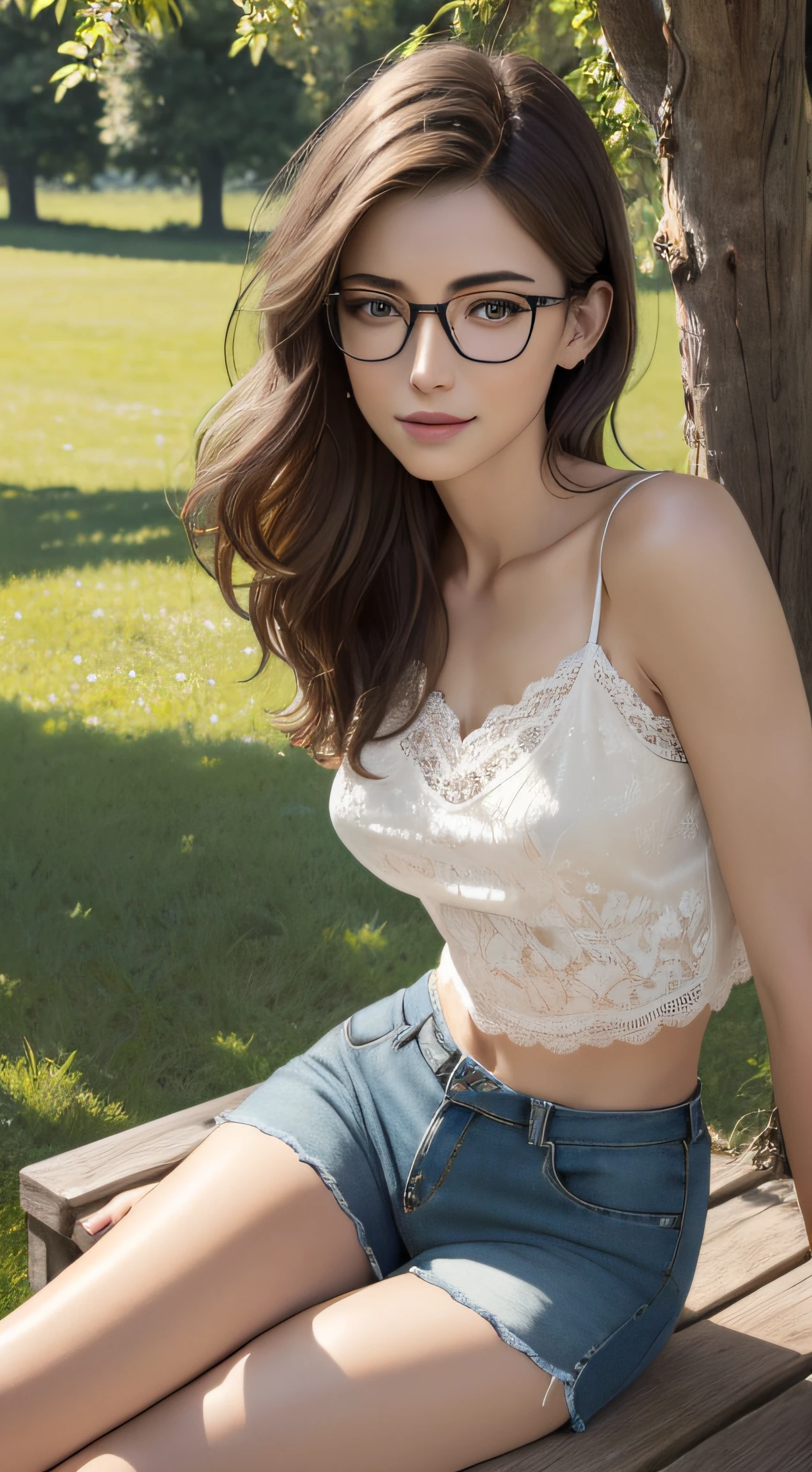 (Masterpiece, best quality, award winning, photorealistic, highres, UHD :1.3), portrait, sharp focus, close shot, 1 beautiful European female, pretty model, skinny, slender figure, beautiful midriff, (realistic skin :1.1), realistic detailed modeling face, beautiful eyes, layered short hairstyle, highly detailed realistic hair, attractive, stunning, ((running shorts, lace camisole, wearing glasses)), light smile, sitting on chair in backyard, beautiful backyard view, ((photorealistic, realistic, super realistic, realism, realistic detail))