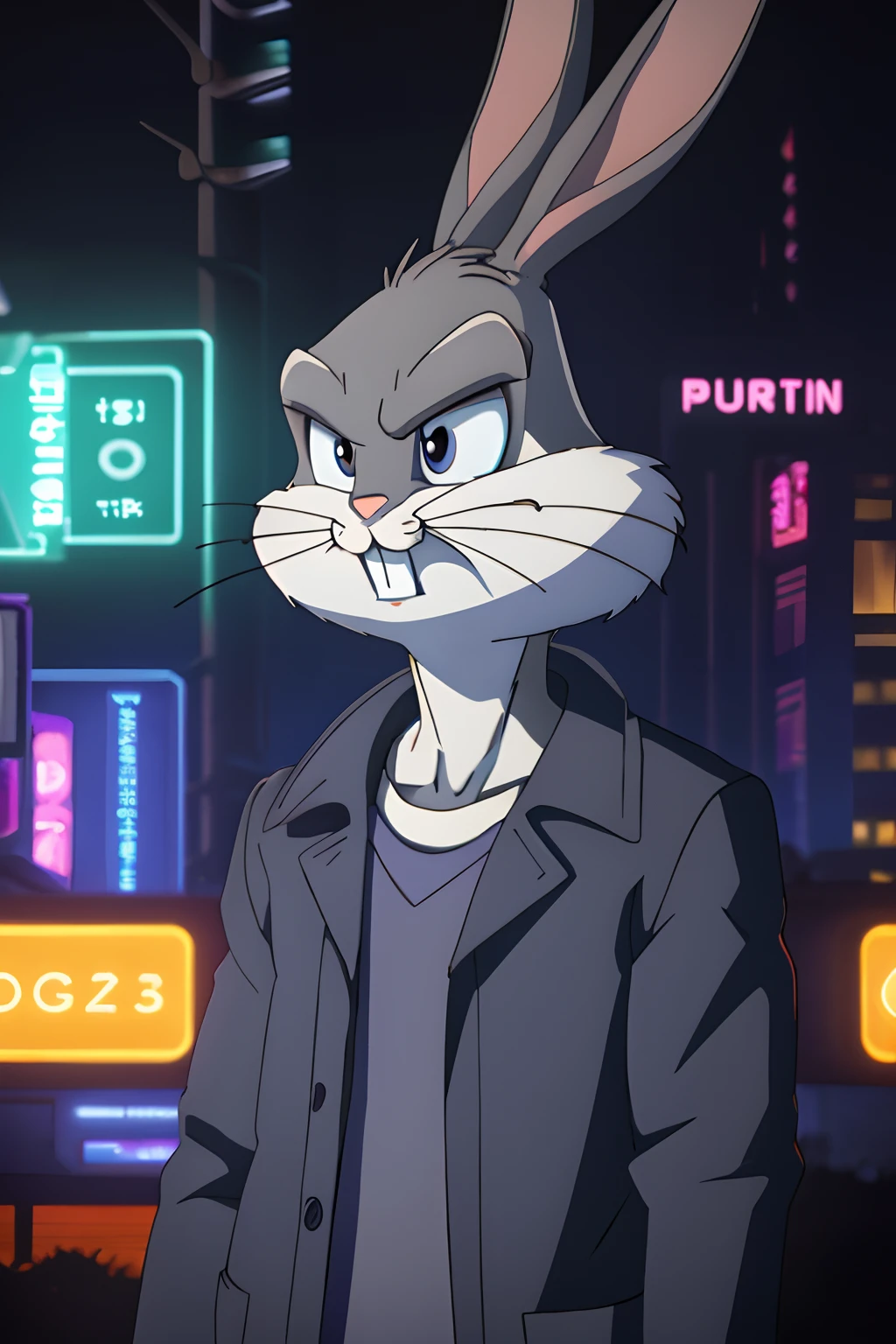 gloves, male, solo, (((bugs bunny 1.4))), rabbit, buckteeth, forest, long ears, grey body, grey fur, white fur,furry, upper body,wearing black trenchcoat in a cyberpunk city, 4k, cg, (((serious face 1.4))), solo, neon lights, at night,,16k(detailed face and eyes:1.3),
 ,furry,no humans, 
Ultra-detail,(highres:1.1),best quality,(masterpiece:1.3),anime style, anime screencap, 2010s_\(style\),