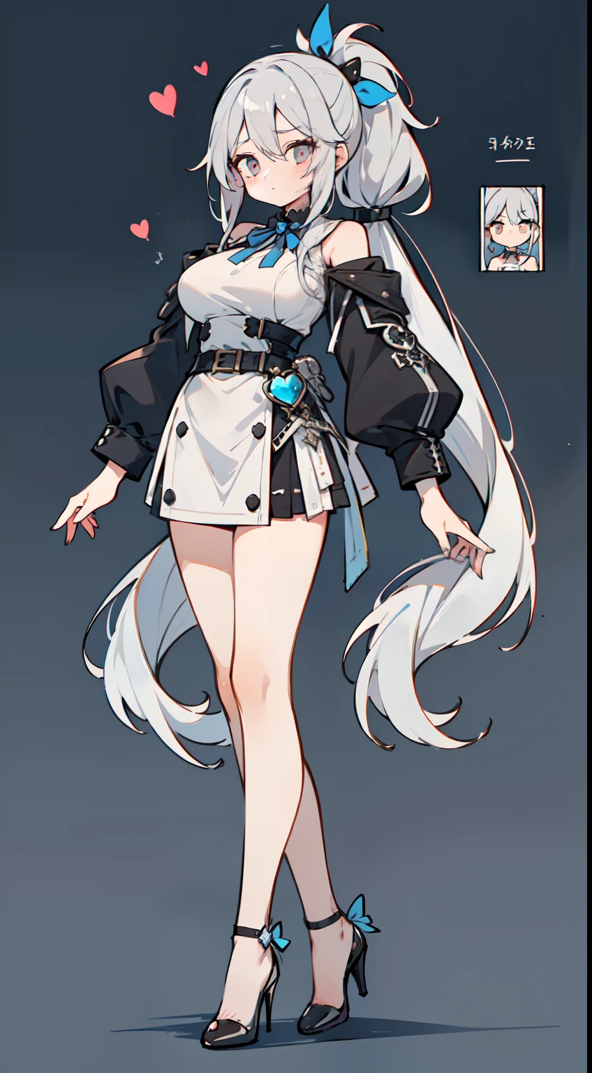 1girl in, fullllbody, Character Design, (((Light Grey Straight Low Ponytail)), ((Eyes are blue)),  (Sauce order), ((White hairpin)), (Mole under the left eye), Long bangs, Eyes are hearts, Brainwashed, large full breasts, High quality, 痴女, Magic Makeover, Sexy Phantom Thief Suit in Black, Black high heels, Wide Shot, Detailed background of the prison