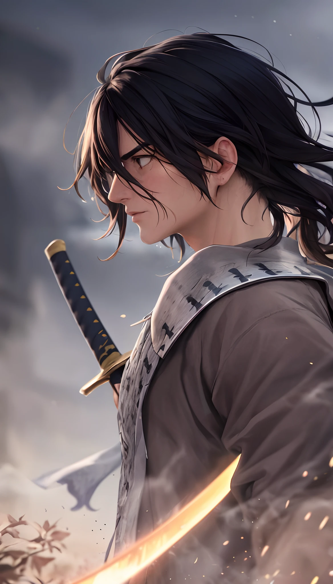 (a)arafed samurai, (a)man vagabond,(a)demon samurai, (a)Kanō Sanraku-inspired, (a)Kanō Hōgai-inspired,[samurai armor], [gray fog], two swords, intense gaze, sharp katana, flowing black hair, rugged appearance, mysterious atmosphere, haunting presence, dynamic pose, dramatic lighting, (best quality, highres), (realistic:1.37), (vivid colors), (bokeh)