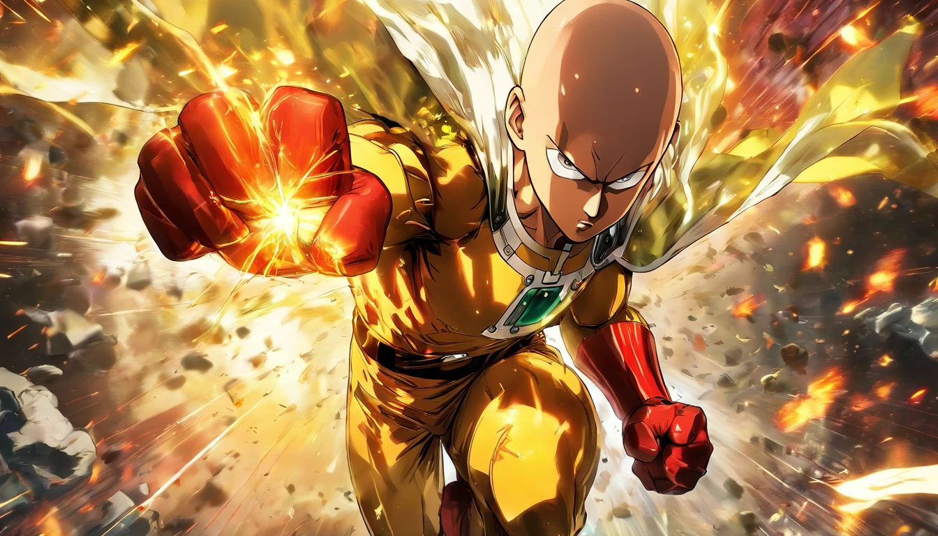 《one-punch man》epic scenes in , Saitama in the middle punch with dynamics, Explosive background effects, Presented in the style of Rothtils and Stanley Artjam Liu.