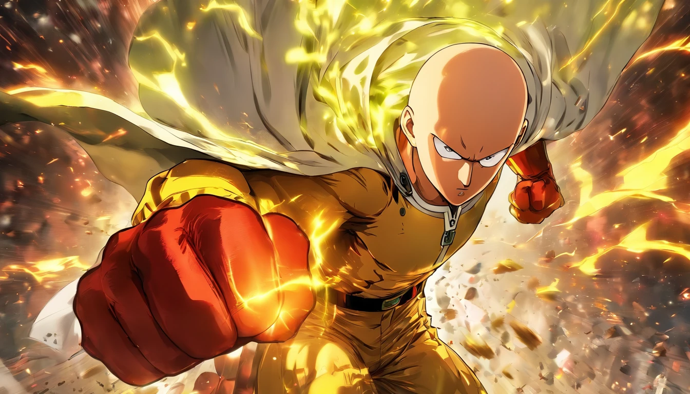 《one-punch man》epic scenes in , Saitama in the middle punch with dynamics, Explosive background effects, Presented in the style of Rothtils and Stanley Artjam Liu.