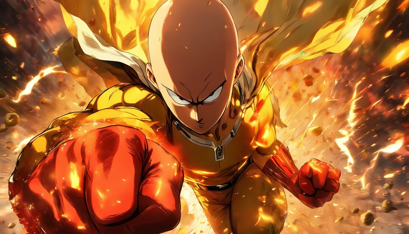 《one-punch man》epic scenes in , Saitama in the middle punch with dynamics, Explosive background effects, Presented in the style of Rothtils and Stanley Artjam Liu.